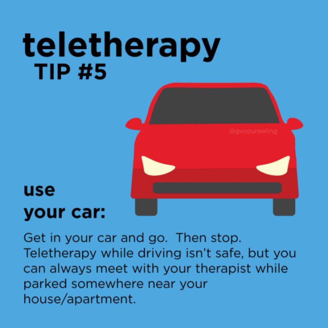 Teletherapy Tip #5 on a blue background shows a red car and text advising using your car for parked teletherapy sessions, not while driving.